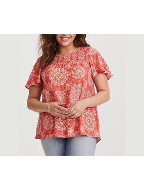 Torrid Women's Orange Floral Smocked Flutter Sleeve Flowy Top Plus Size 2X